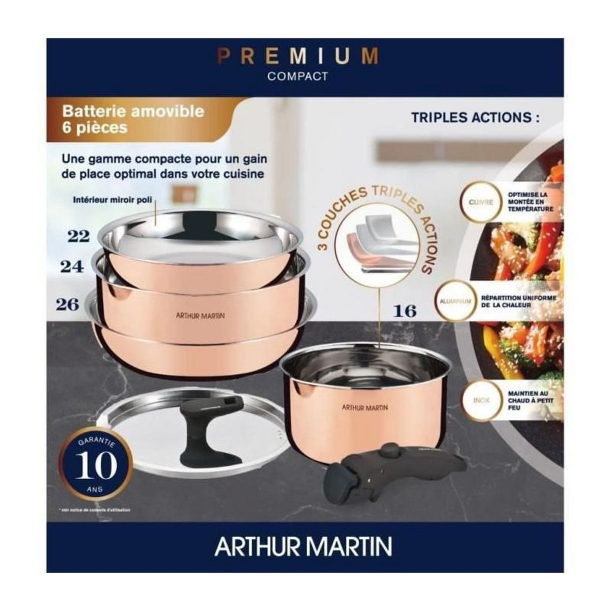 Arthur Martin Batterie de cuisine 6 pieces - ARTHUR MARTIN - AM516GT - 3 couches triple action - Tous feux dont induction