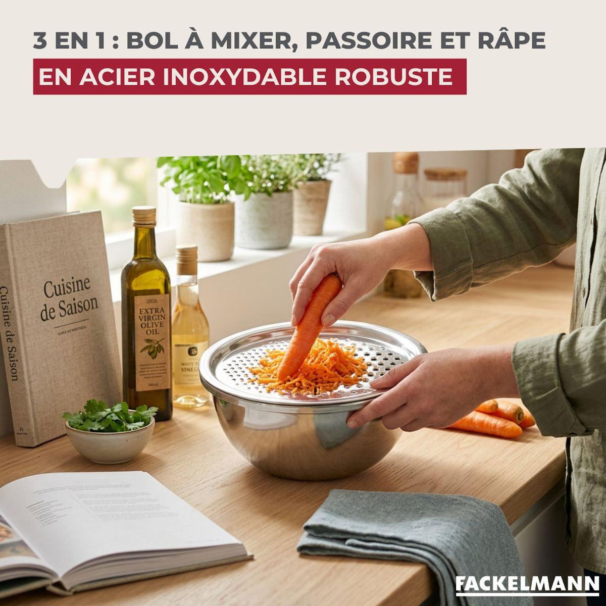 Fackelmann Set 3 en 1 Bol à Mixer, Râpe et Passoire 26 cm Fackelmann