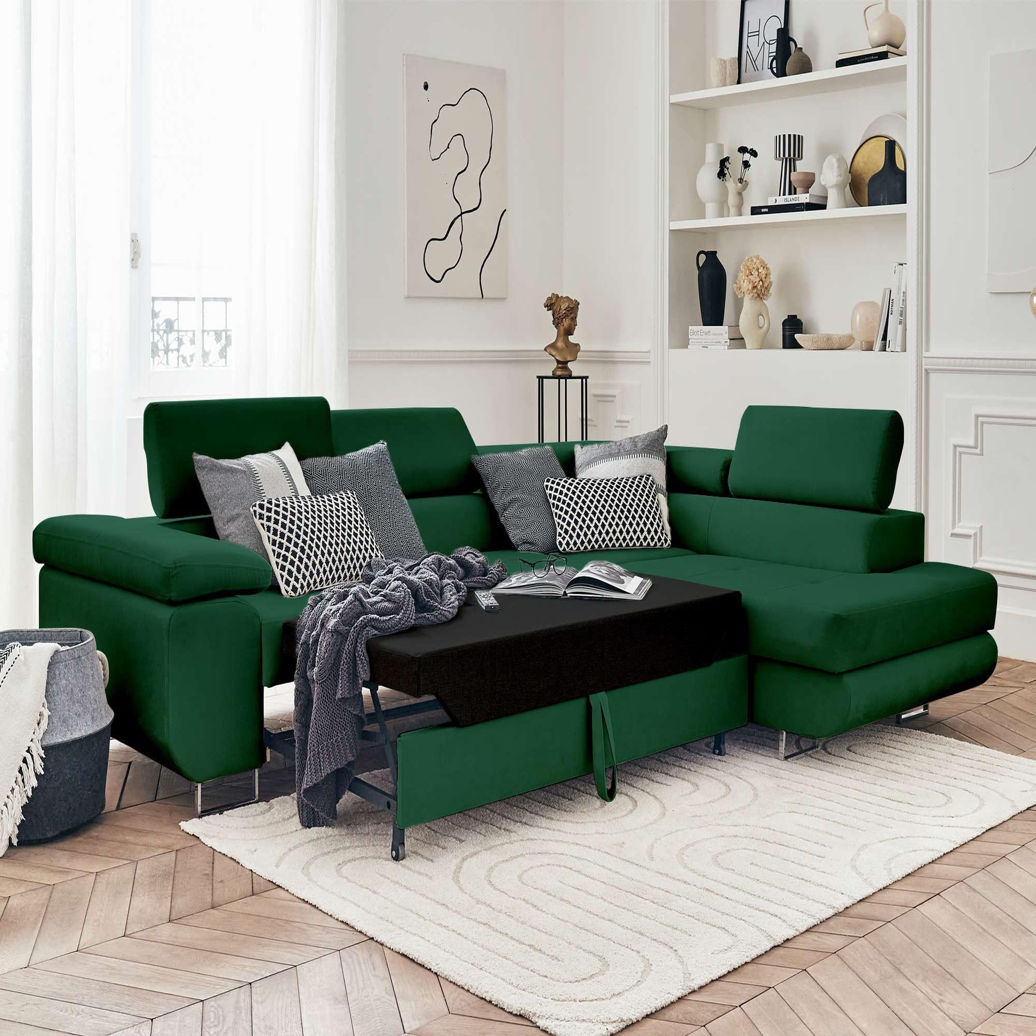 Voir la diapositive 2 : BEST MOBILIER Pablo - canapé d'angle droit - 5 places - convertible avec coffre et têtières réglables - en velours