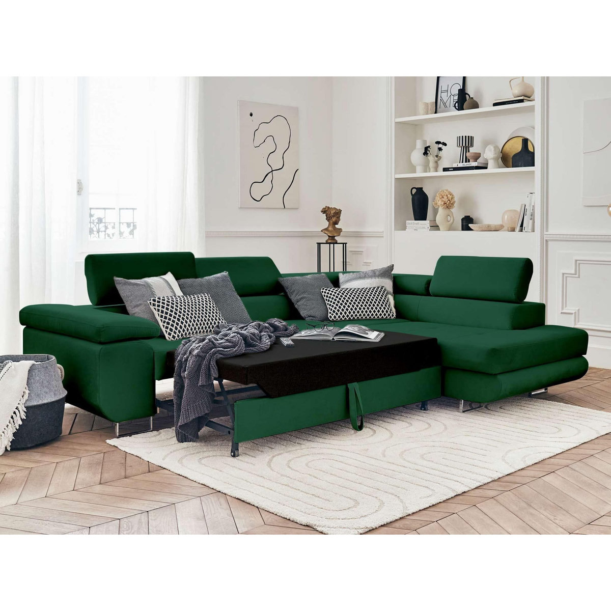 BEST MOBILIER Pablo - canapé d'angle droit - 5 places - convertible avec coffre et têtières réglables - en velours