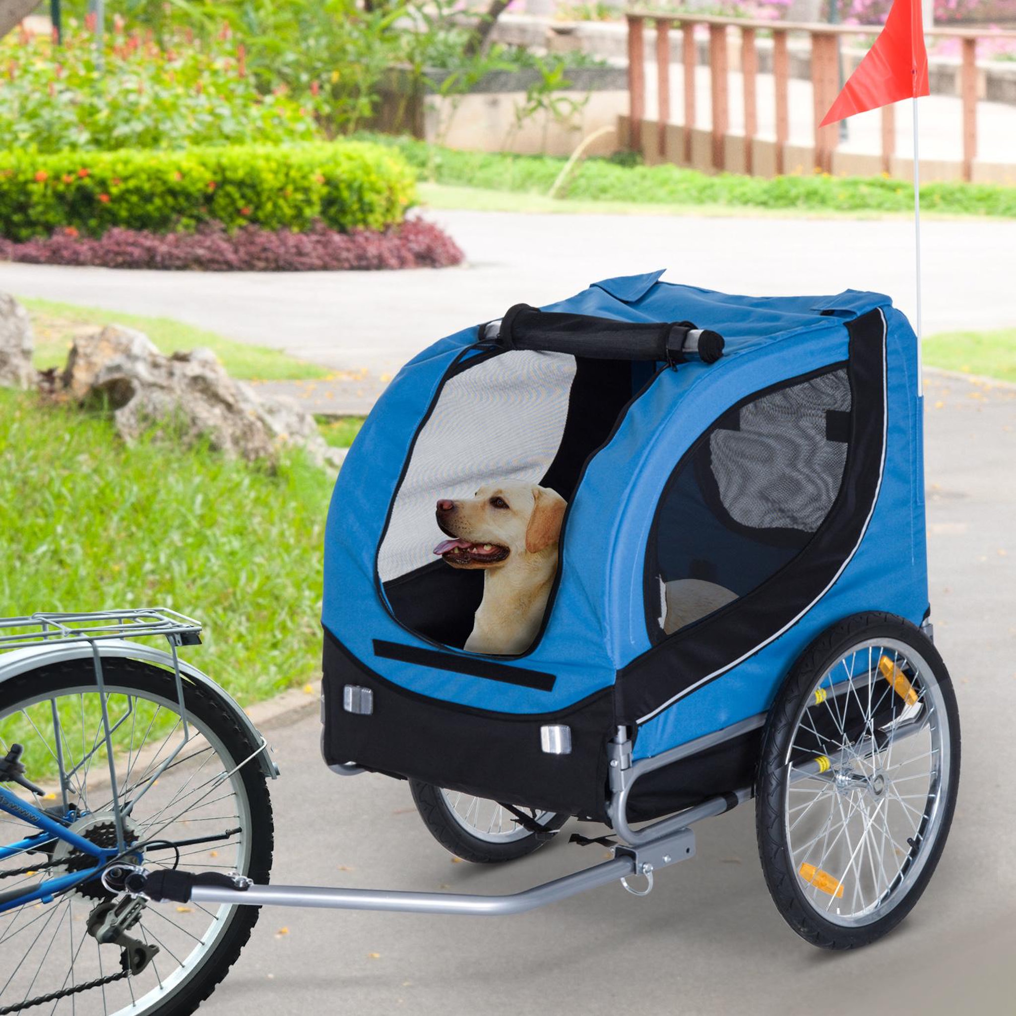 Voir la diapositive 2 : PAWHUT Remorque velo pour chien animaux avec 8 reflecteurs drapeau bleu noir