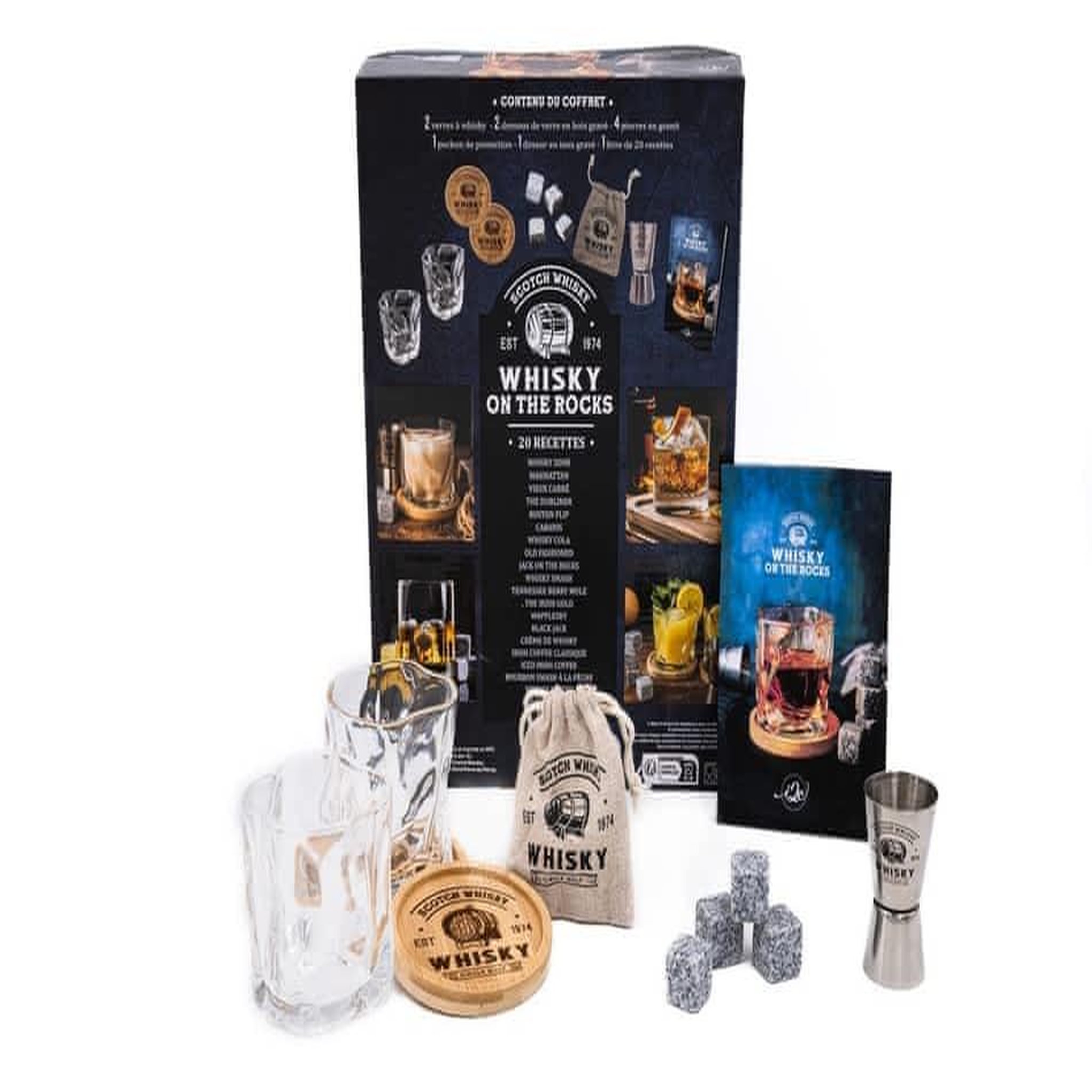 WHISKY ON THE ROCKS. COFFRET AVEC 2 VERRES A WHISKY, 2 DESSOUS DE VERRE, 4 PIERRES EN GRANIT, 1 POCHON DE PROTECTION, 1 DOSEUR EN INOX, I2C
