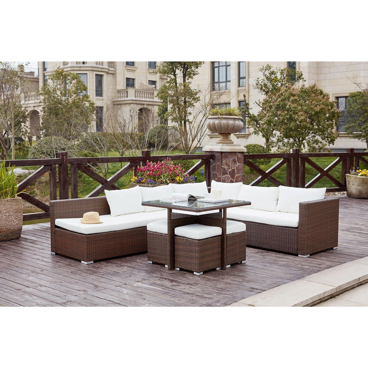 CONCEPT USINE Salon de jardin encastrable 10 places en résine marron-blanc FIDJI