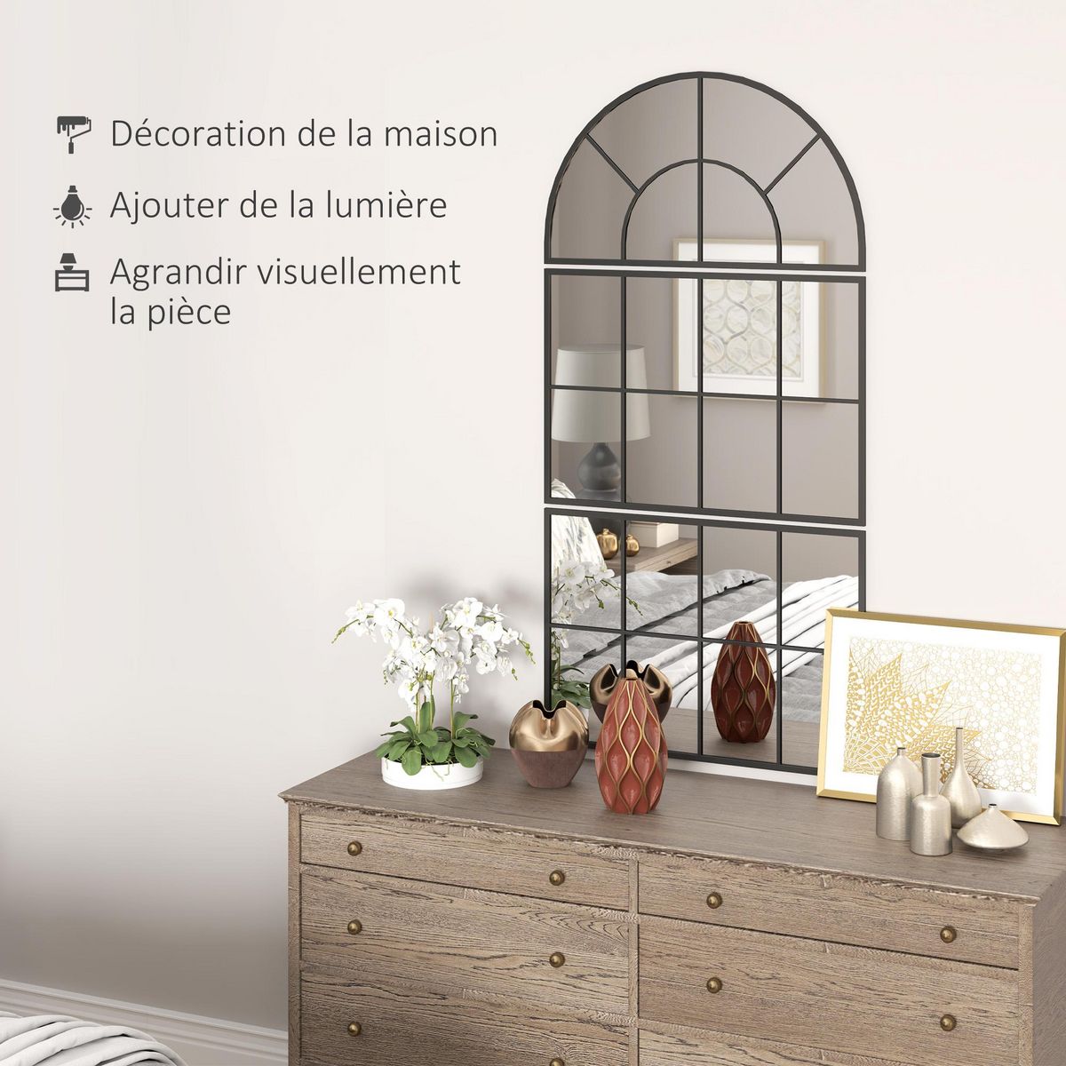 HOMCOM Miroir mural style verrière ensemble de 3 pièces métal noir verre