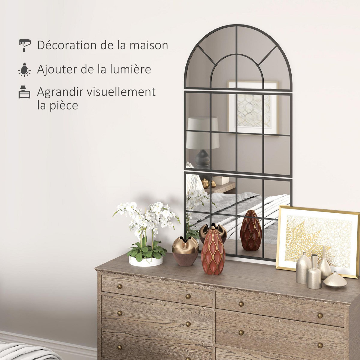 HOMCOM Miroir mural style verrière ensemble de 3 pièces métal noir verre
