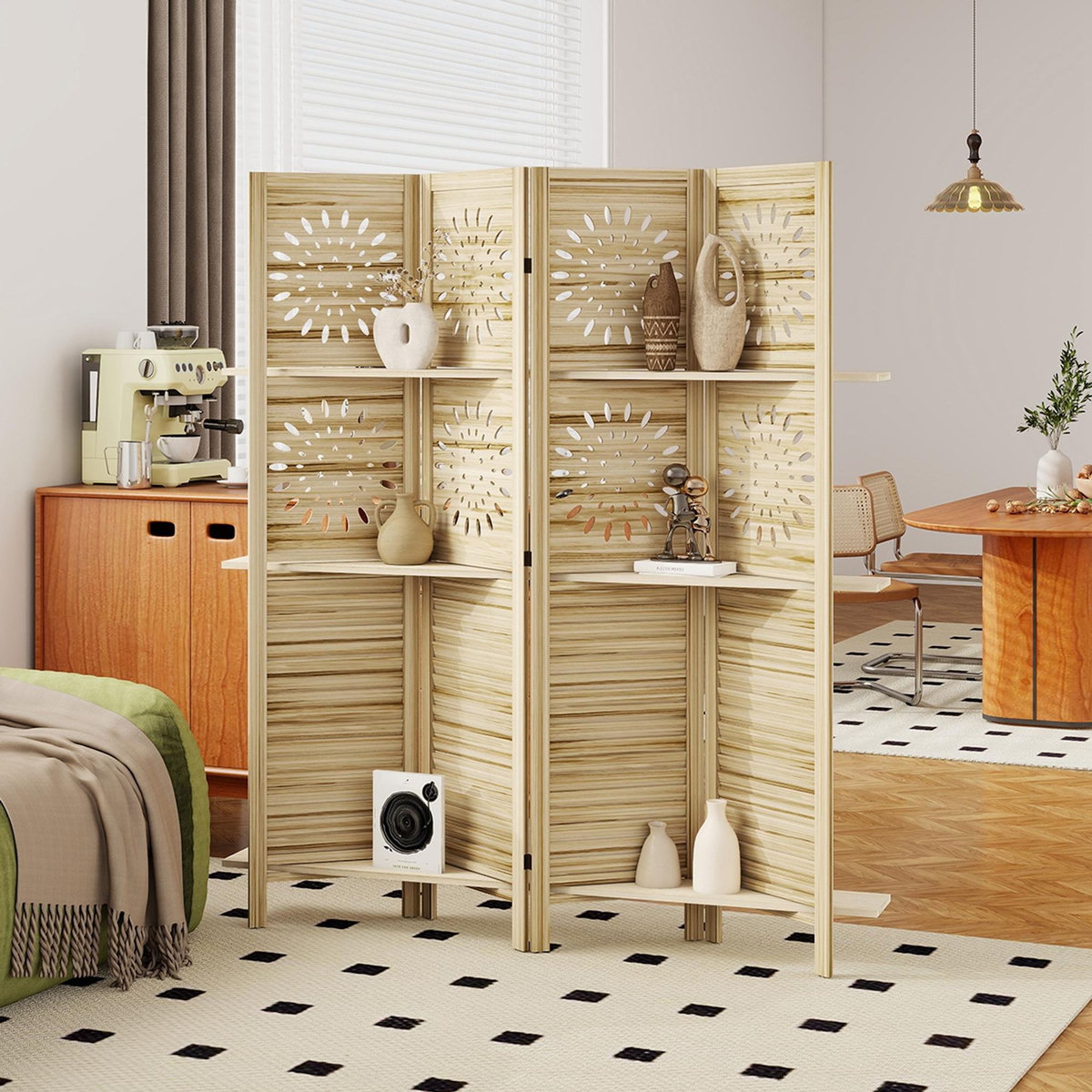 HOMCOM Paravent intérieur bois naturel 4 panneaux 3 étagères séparateur de pièce pliable 160 x 170 cm