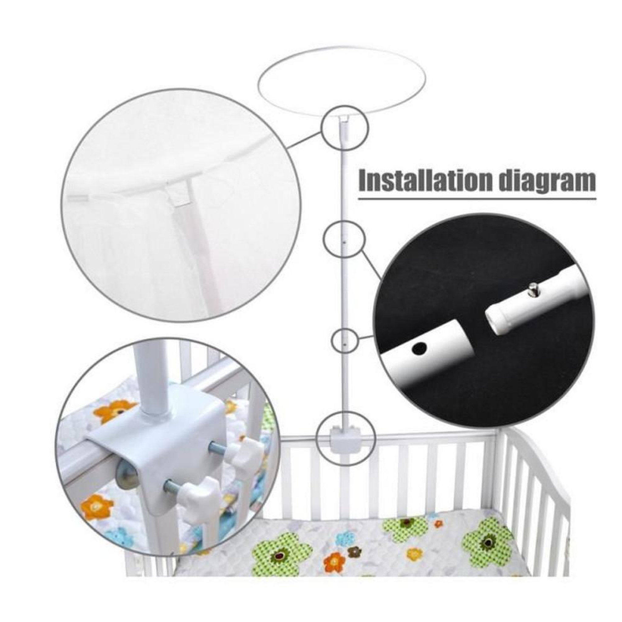Voir la diapositive 2 : Canopy pour lit bébé avec support moustiquaire réglable, grand blanc