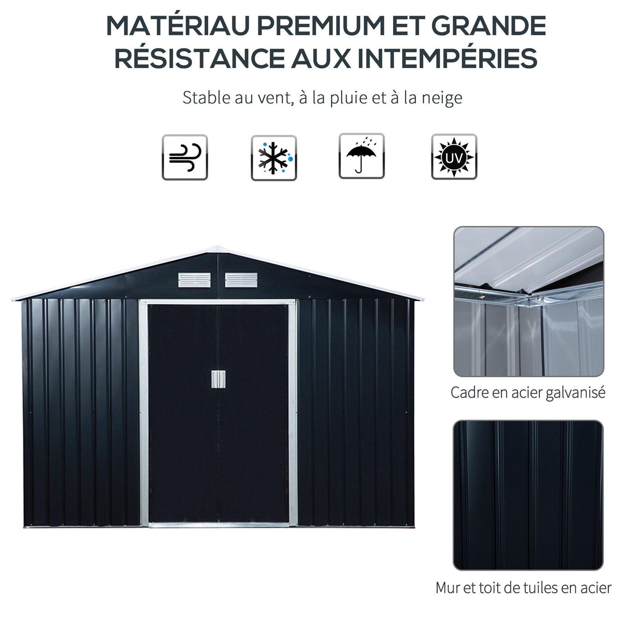 Voir la diapositive 4 : OUTSUNNY Abri de jardin - remise pour outils - cabanon double porte coulissante - fondation incluse - dim. 277L x 191l x 192H cm - tôle d'acier ondulée anthracite