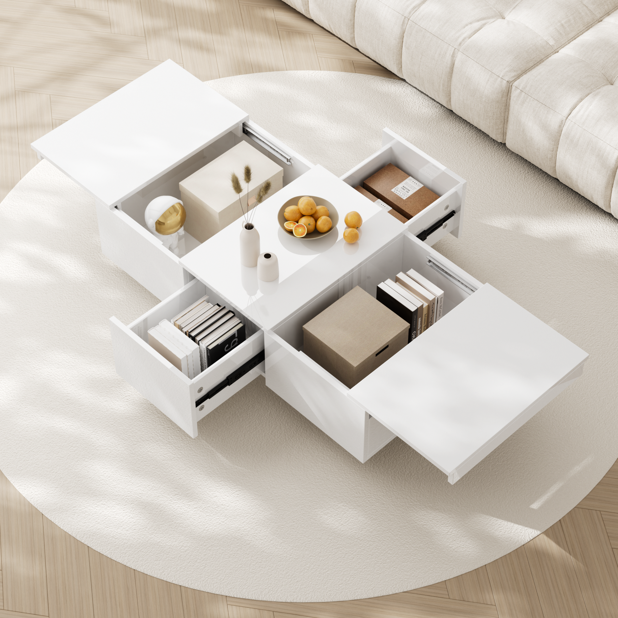 Voir la diapositive 2 : MERAX Table Basse Brillante Avec 2 Tiroirs Et 2 Rangements Push-pull Blanc