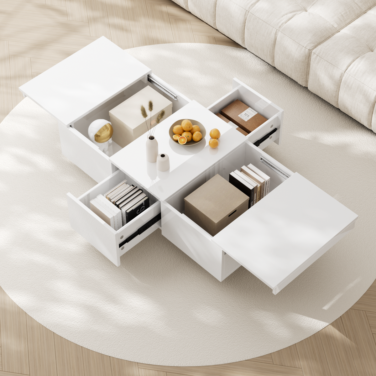 MERAX Table Basse Brillante Avec 2 Tiroirs Et 2 Rangements Push-pull Blanc