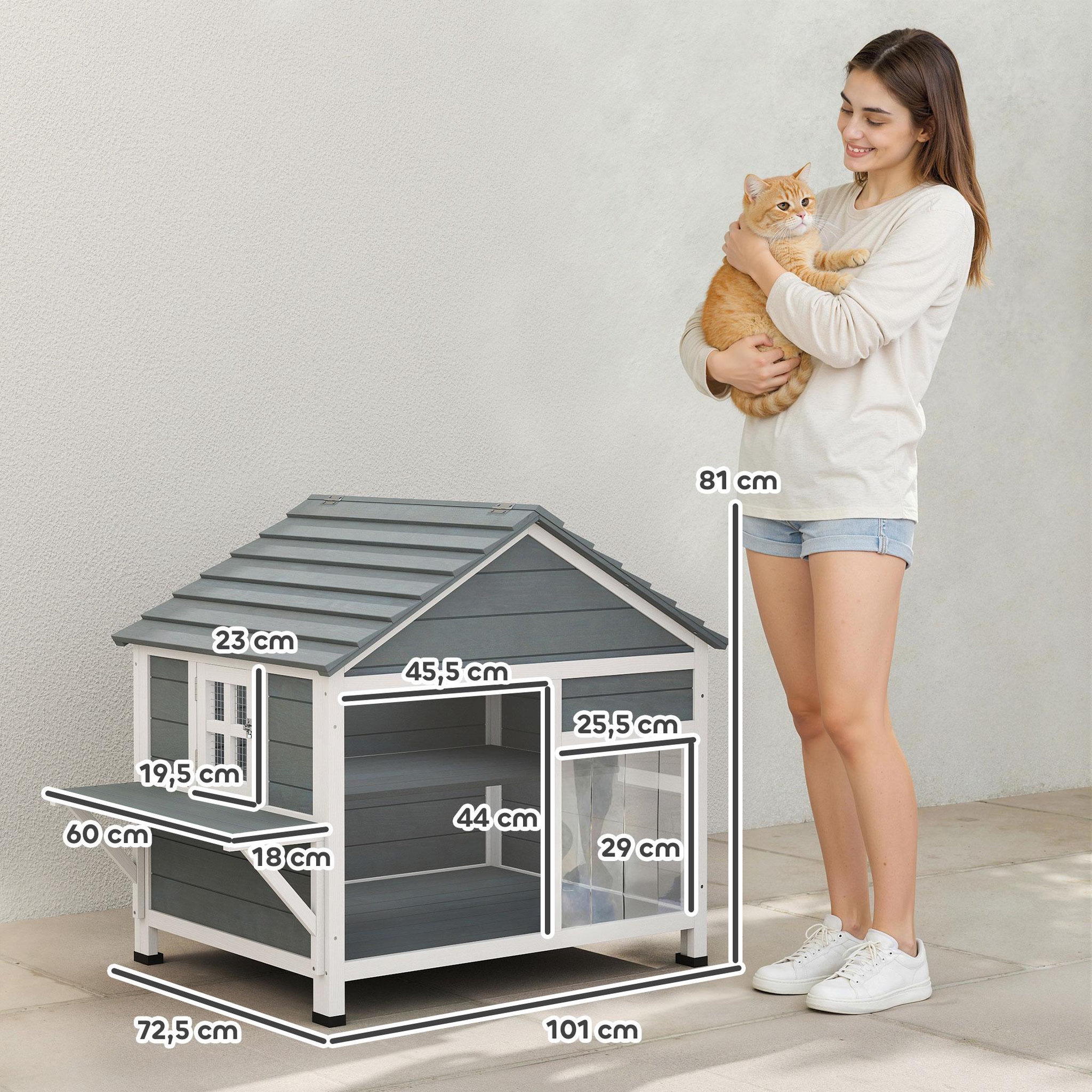 Voir la diapositive 3 : PAWHUT Niche maison pour chat bois - fenêtre verrouillable, étagères, portes, toit ouvrant - blanc gris
