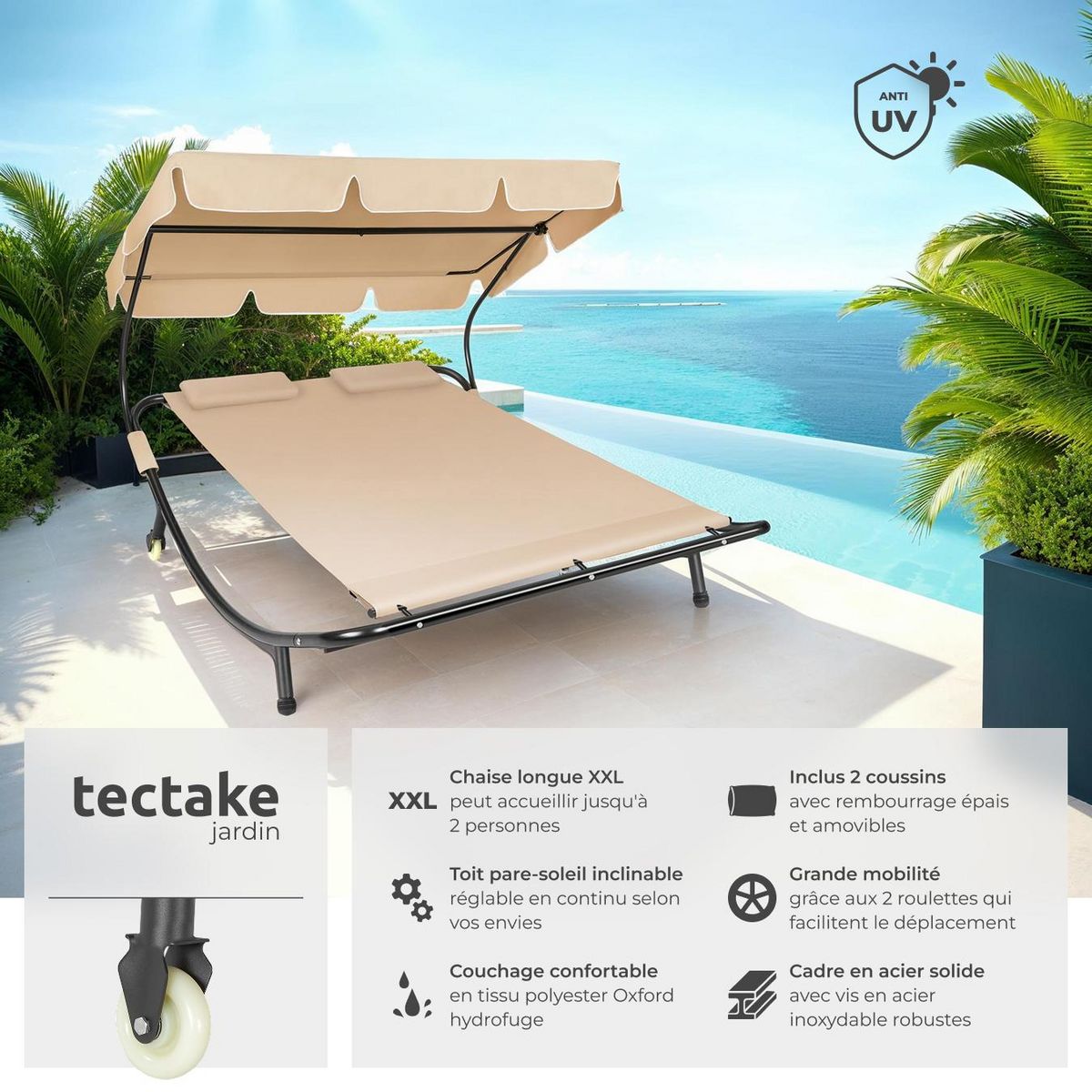 tectake Transat en acier pour 2 personnes noir/beige