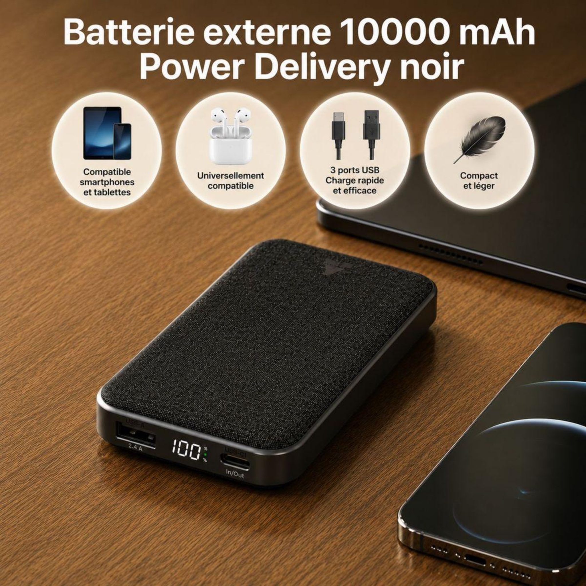 Voir la diapositive 2 : ADEQWAT Batterie externe PowerBank 10000 mAh Power Delivery noir compatible iPhone 16 15 14 et Samsung Galaxy