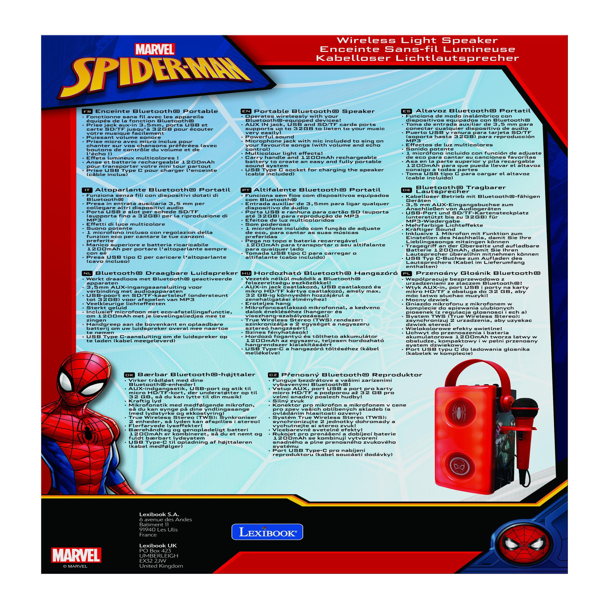 Voir la diapositive 5 : Lexibook Enceinte Bluetooth lumineuse  avec micro Spiderman