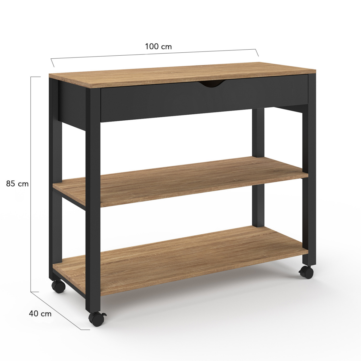ID MARKET Desserte de cuisine PENH XXL avec tiroir et plan de travail noir plateaux façon hêtre L.100 CM