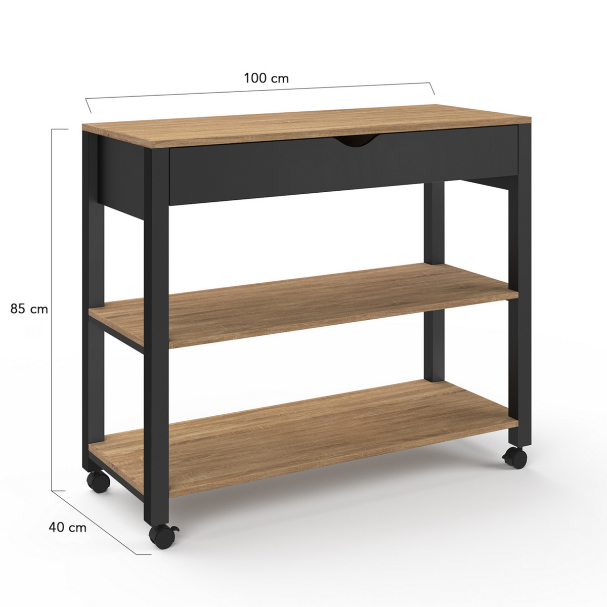 ID MARKET Desserte de cuisine PENH XXL avec tiroir et plan de travail noir plateaux façon hêtre L.100 CM