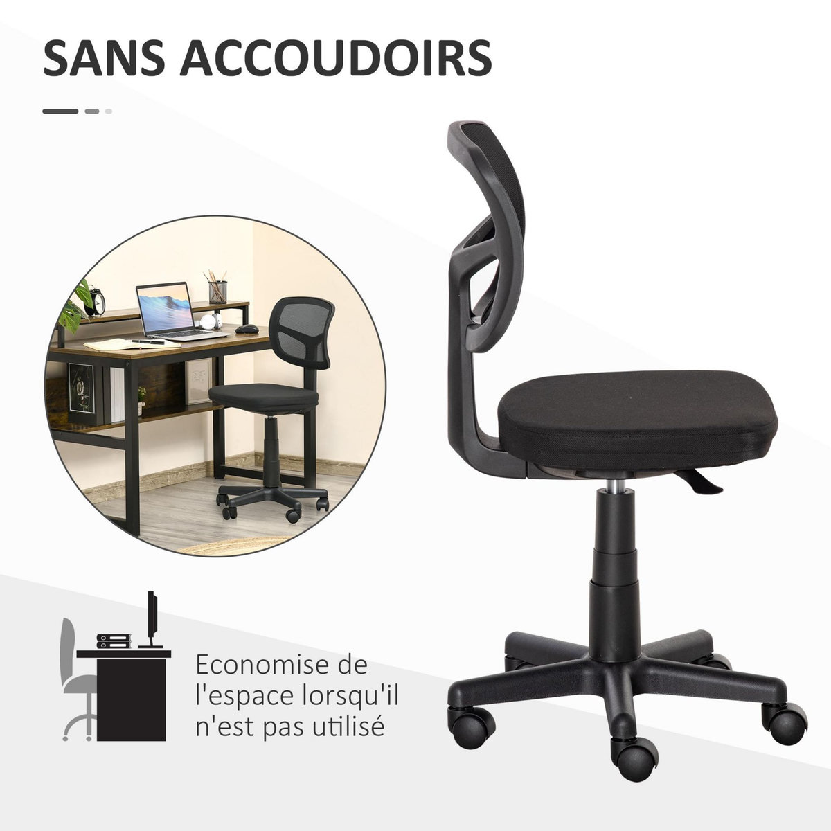 VINSETTO Chaise de bureau ergonomique hauteur réglable dossier enveloppant maille noir