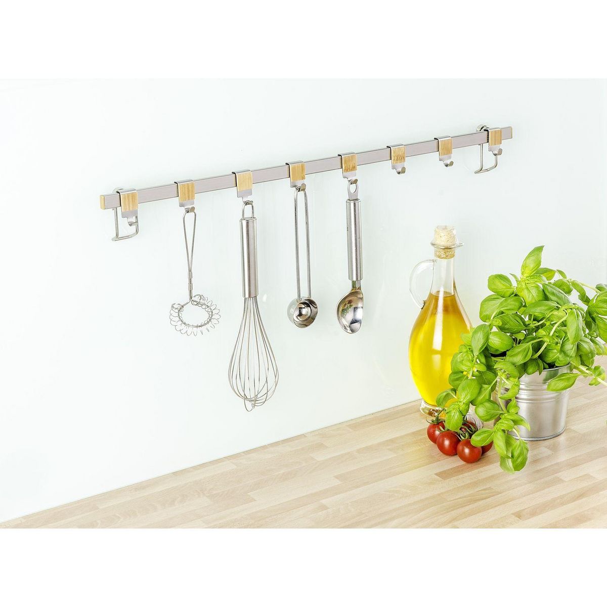 Wenko Réglette de crochets Premium, pour cuisine avec 8 crochets à fixer sans percer - Longueur 60 cm - Argent