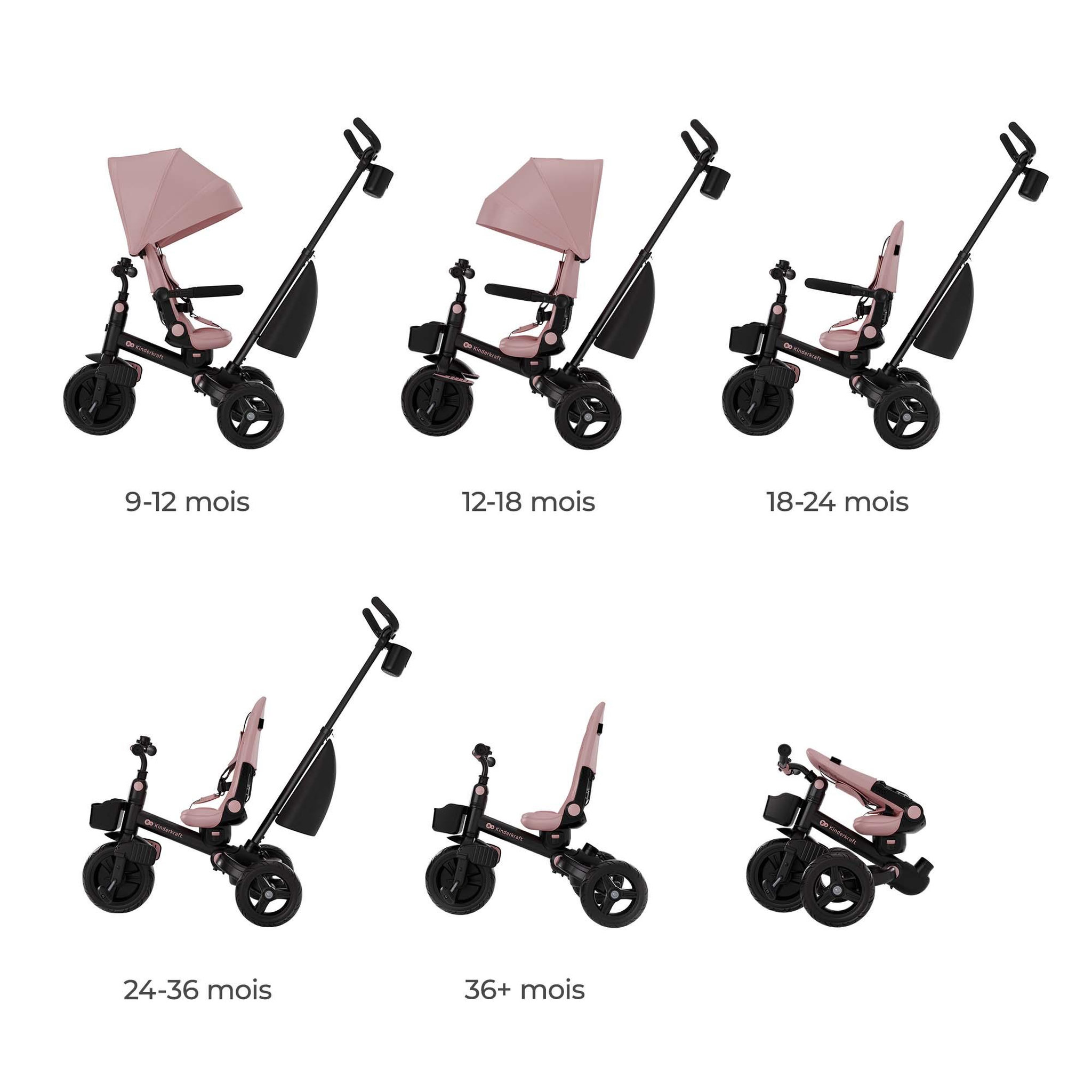 Voir la diapositive 2 : KINDERKRAFT Tricycle Kinderkraft AVEO 2 PLUS 6-en-1 évolutif, siège 360°, position allongée, canopy UPF50+, pliage rapide, Rose