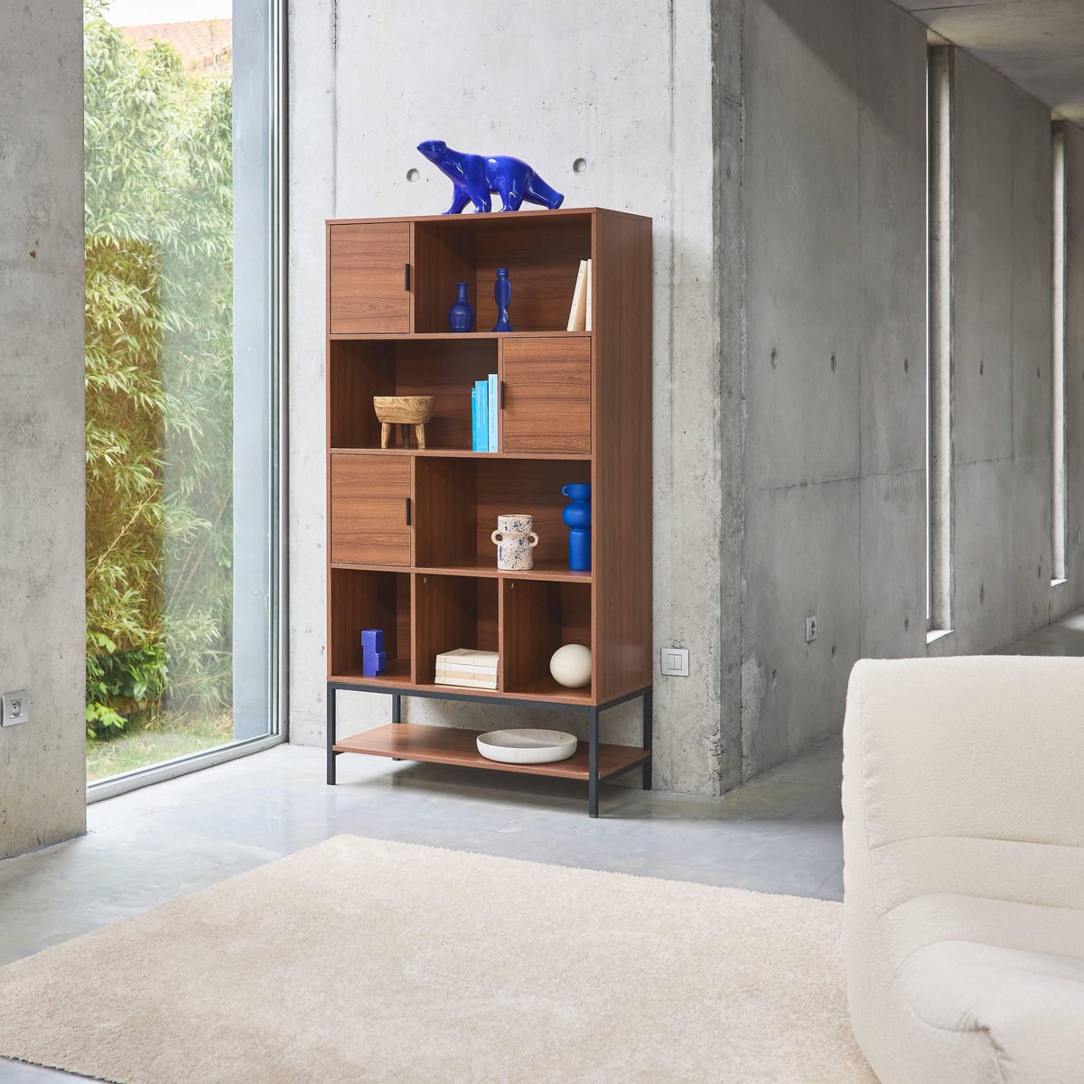 SWEEEK Bibliothèque style vintage en décor noyer et métal noir avec 9 compartiments (3 portes et 5 étagères)