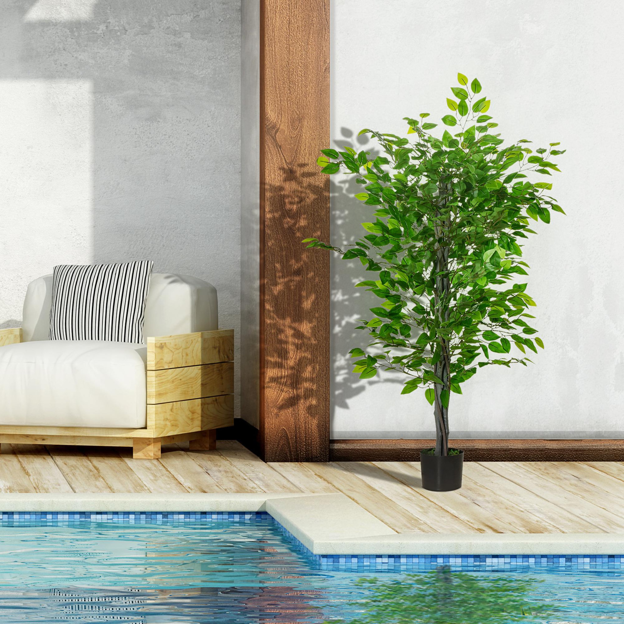 Voir la diapositive 4 : HOMCOM HOMCOM Arbre artificiel plante artificielle ficus H.1,35 m tronc branches liane lichen feuilles grand réalisme pot inclus