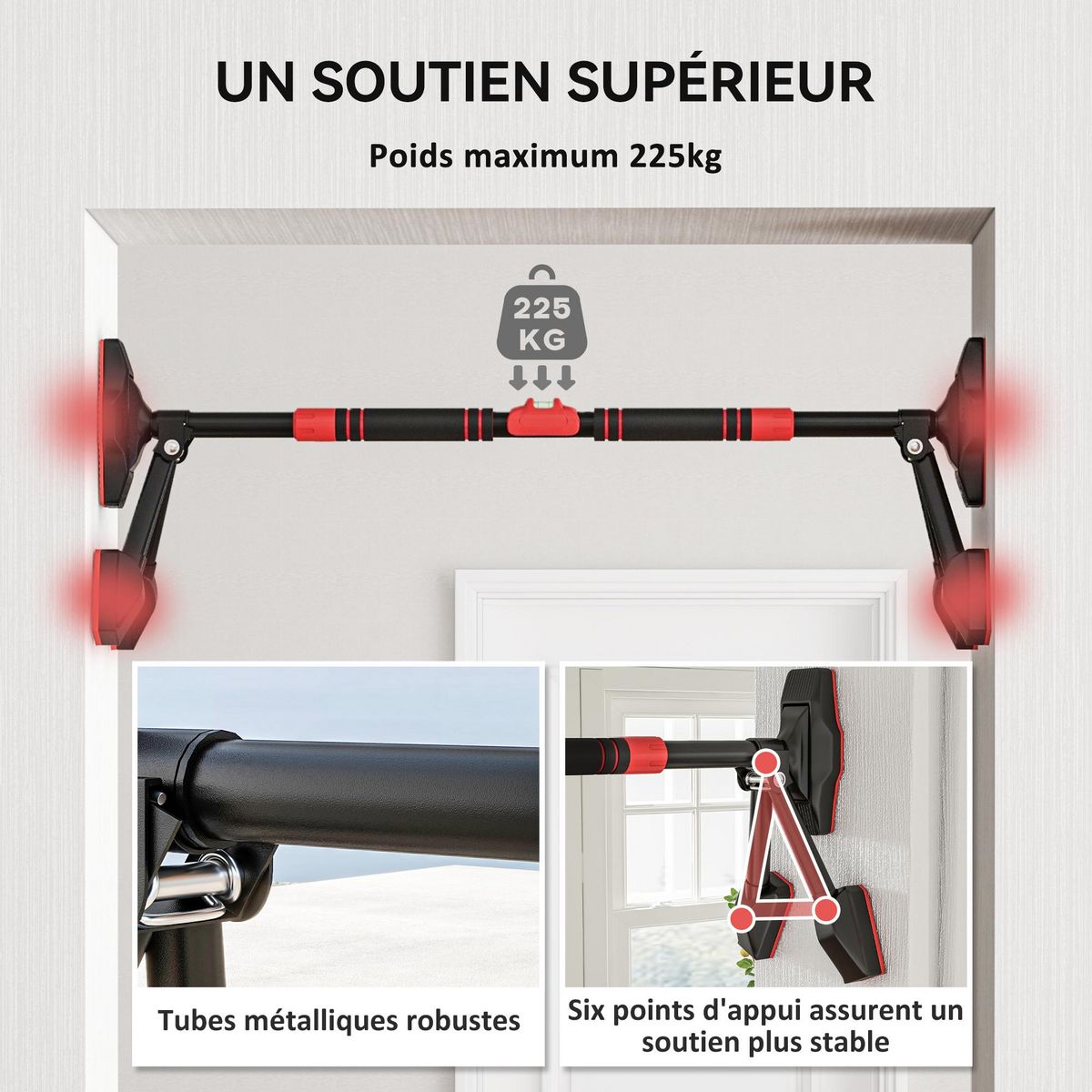 HOMCOM Barre de traction réglable de 79 à 98 cm, barre de porte niveau intégré, structure triangulaire robuste, support à 6 points, poignées antidérapantes, jusqu'à 225 kg, noir