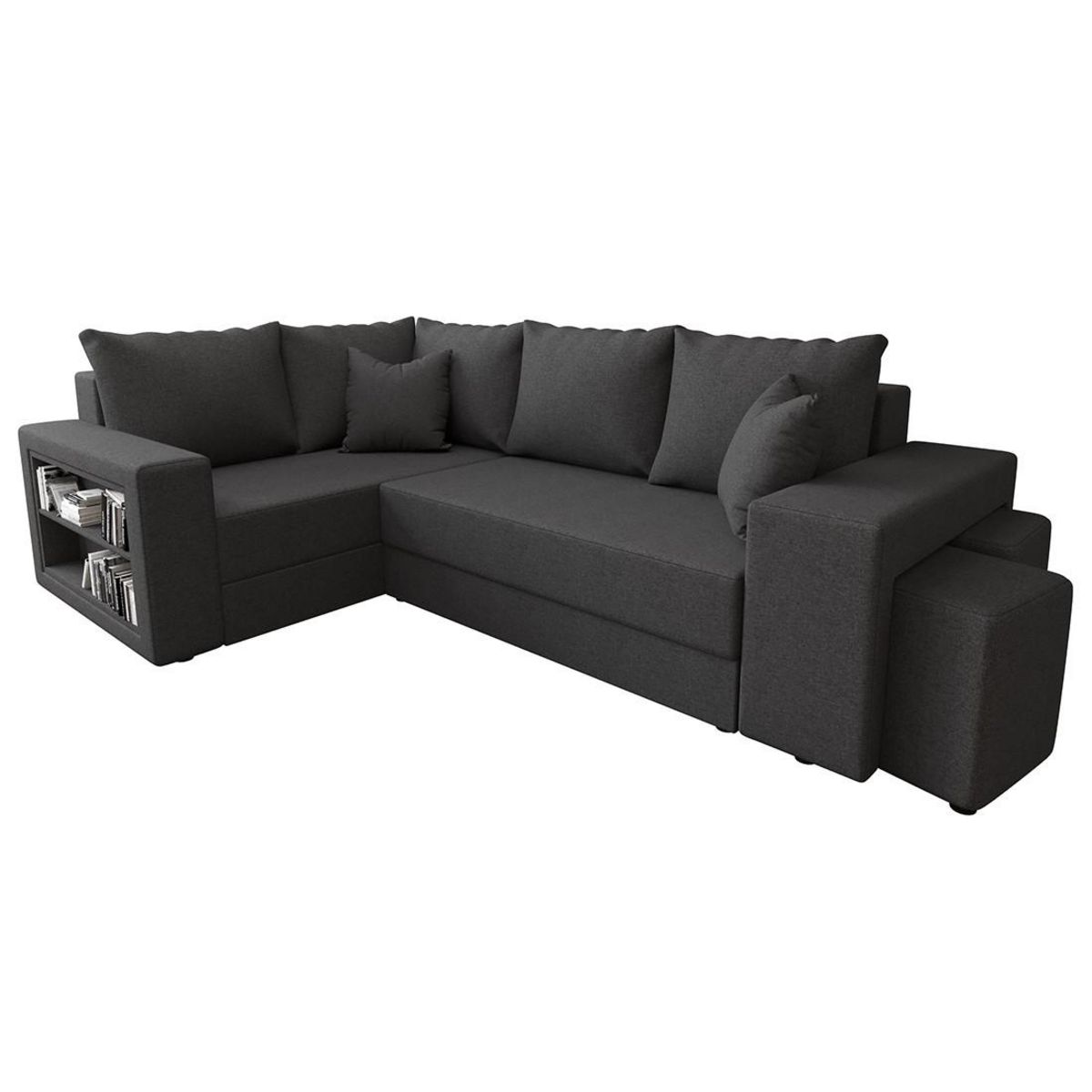 BEST MOBILIER Libbie - canapé d'angle gauche 4 places convertible avec coffre, étagère et poufs en tissu