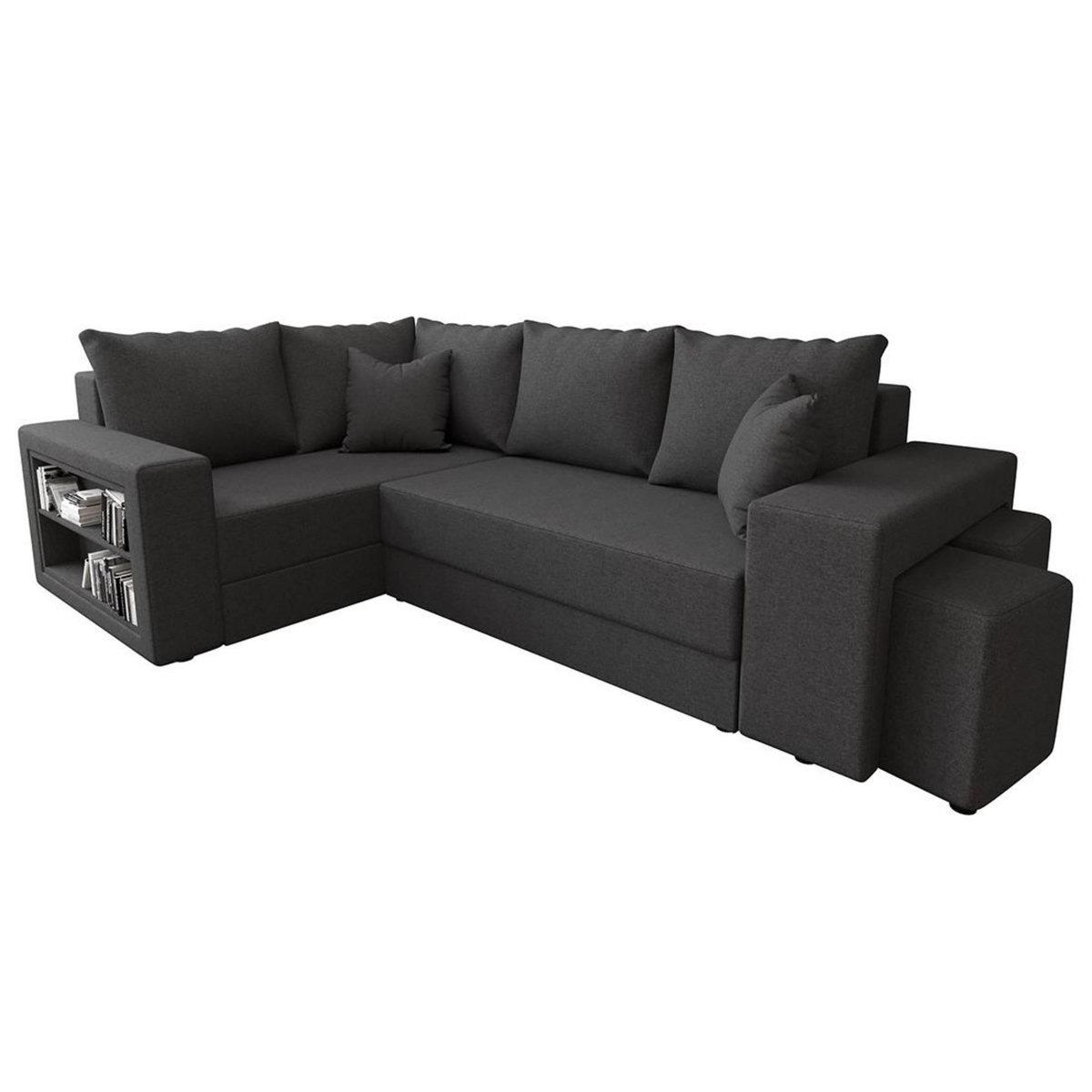 BEST MOBILIER Libbie - canapé d'angle gauche 4 places convertible avec coffre, étagère et poufs en tissu