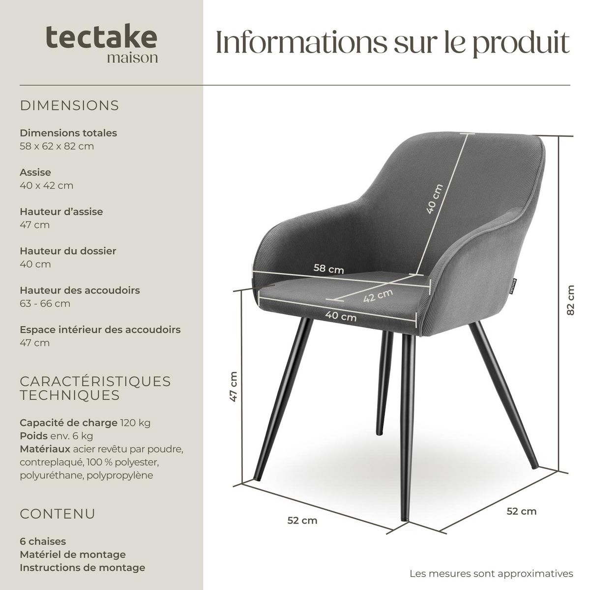 tectake Chaise de salle à manger rembourrée en velours côtelé gris/noir Lot de 6