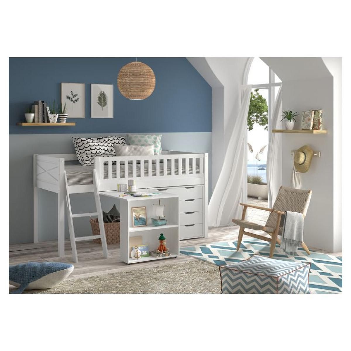 Vipack Lit Mi-Hauteur Scott Un Bureau  Commode 4 Tiroirs Blanc