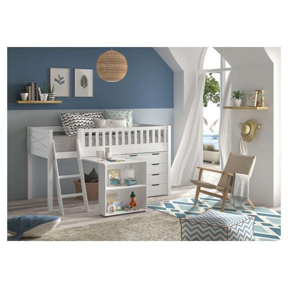 Vipack Lit Mi-Hauteur Scott Un Bureau  Commode 4 Tiroirs Blanc