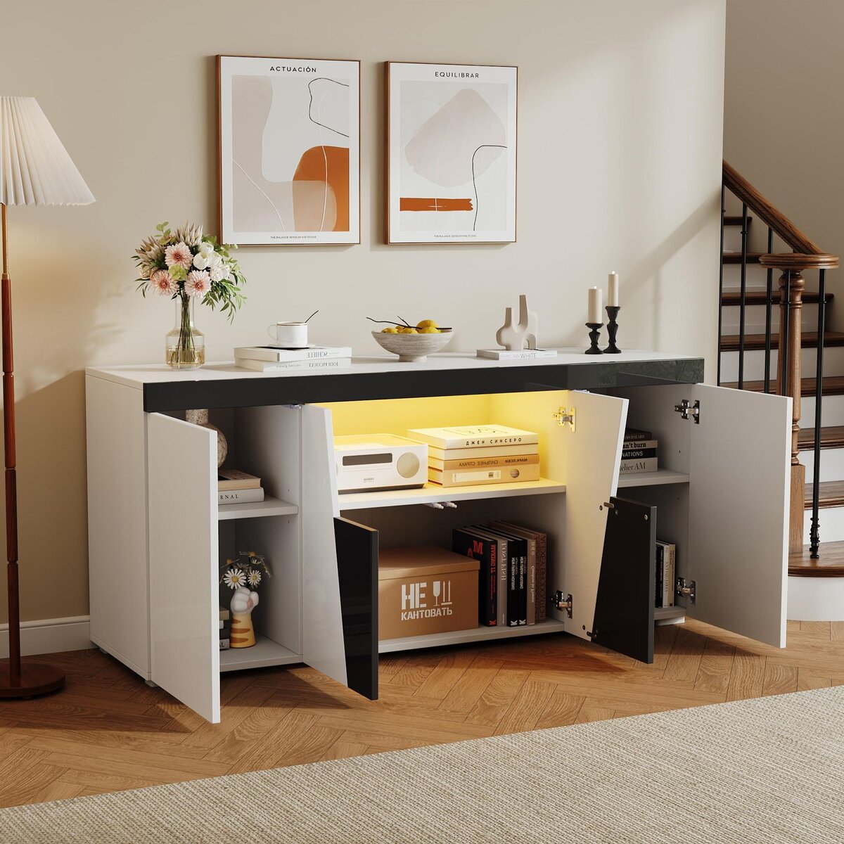 MERAX Buffet 4 porte(s) 0 tiroir(s) - 140 cm blanc+noir led panneau de particules