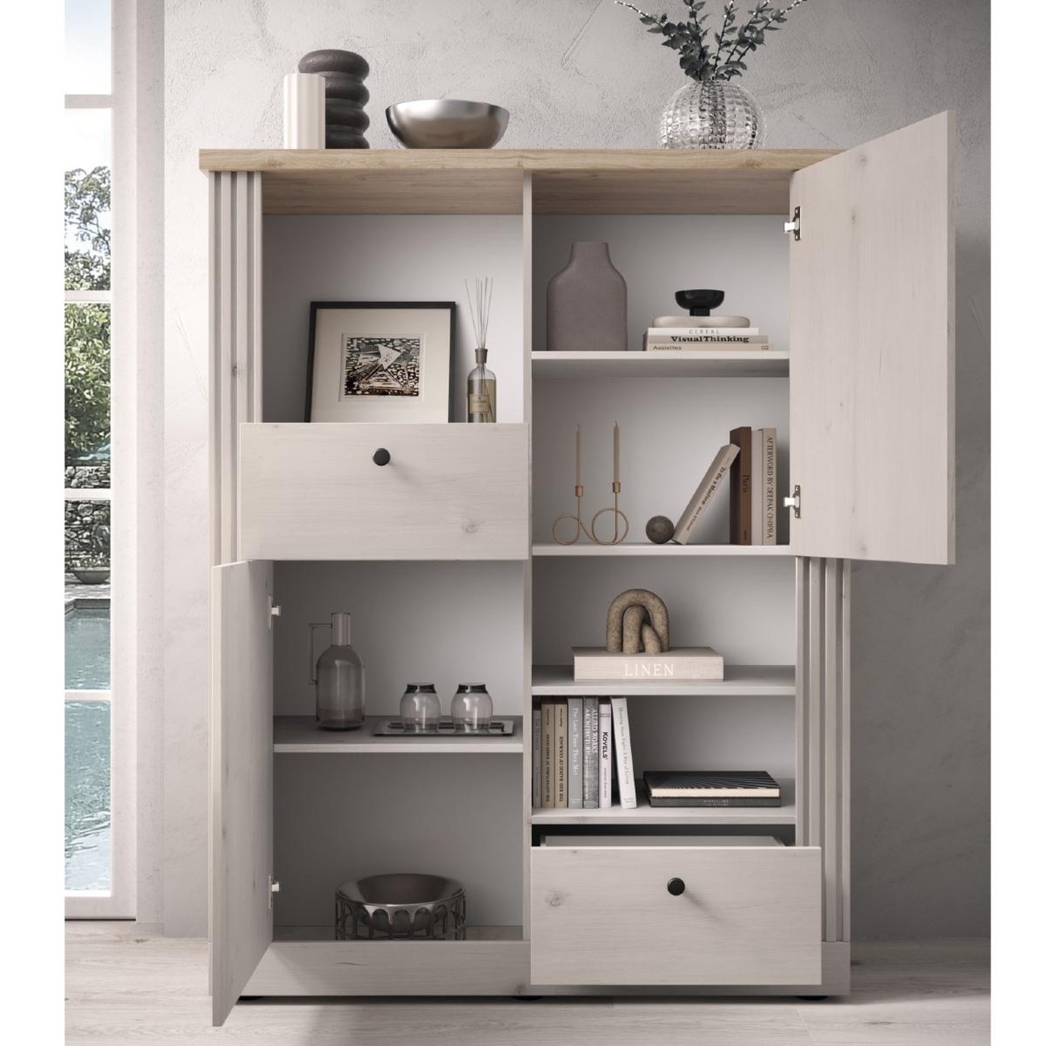 Voir la diapositive 3 : JLC KREATION Argentier moderne avec étagères coloris chêne naturel YANIS
