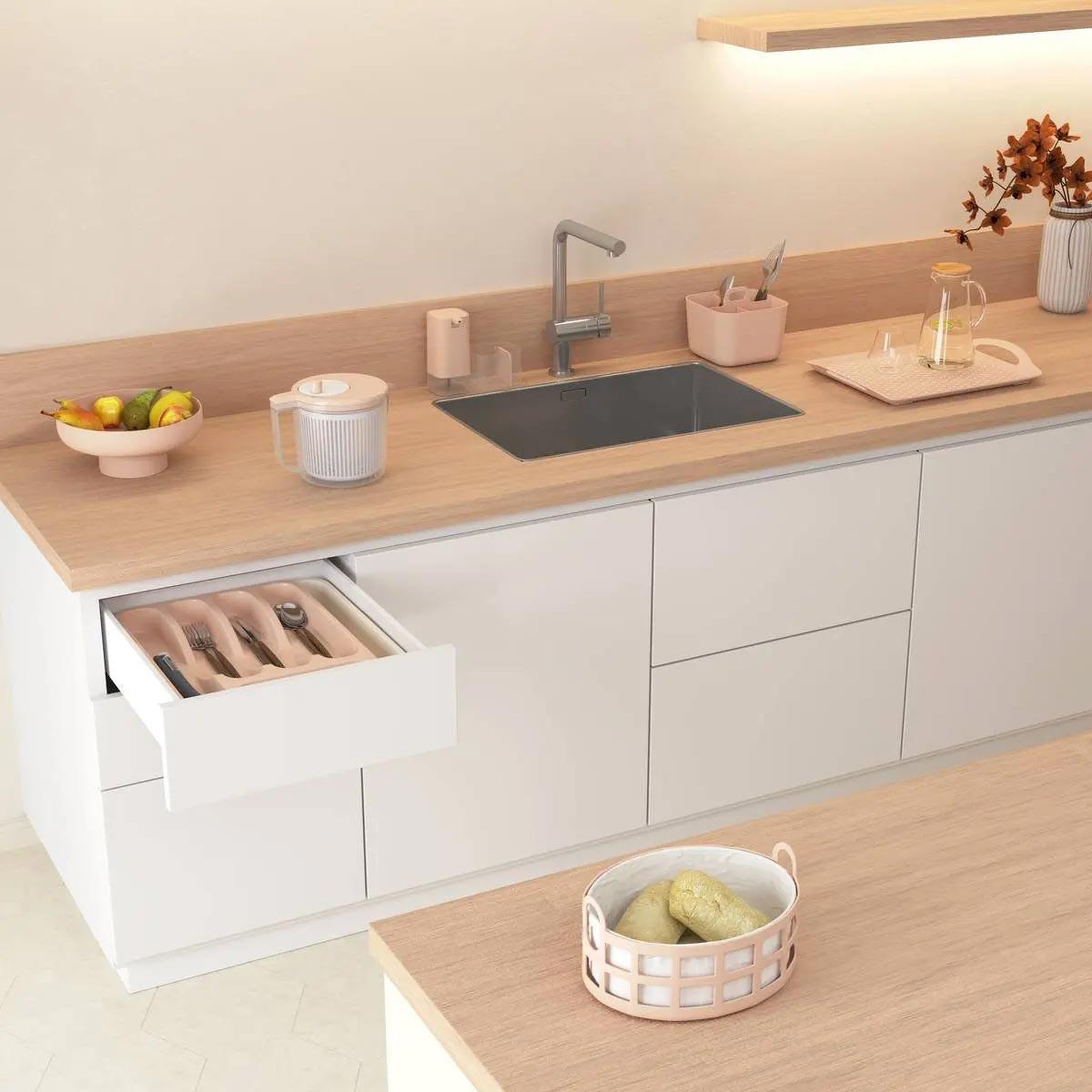Voir la diapositive 4 : FIVE Distributeur de Savon & Organiseur d'Évier  Poly  19cm Rose