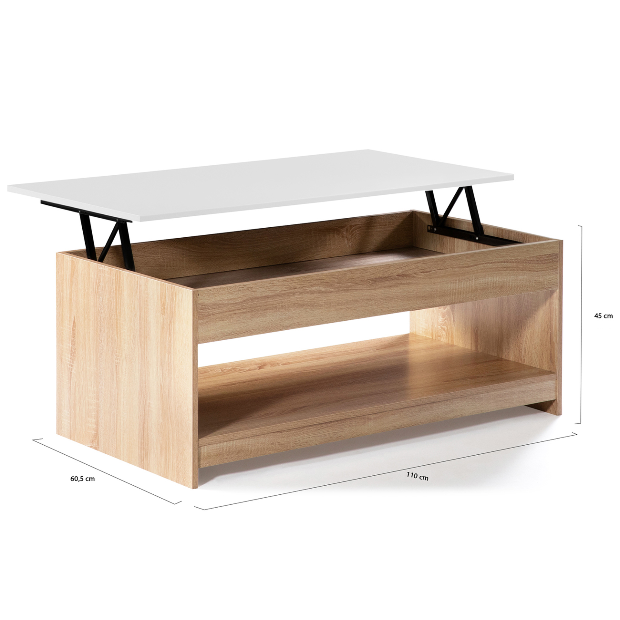Voir la diapositive 5 : ID MARKET Table basse plateau relevable rectangulaire soa bois imitation hêtre plateau blanc