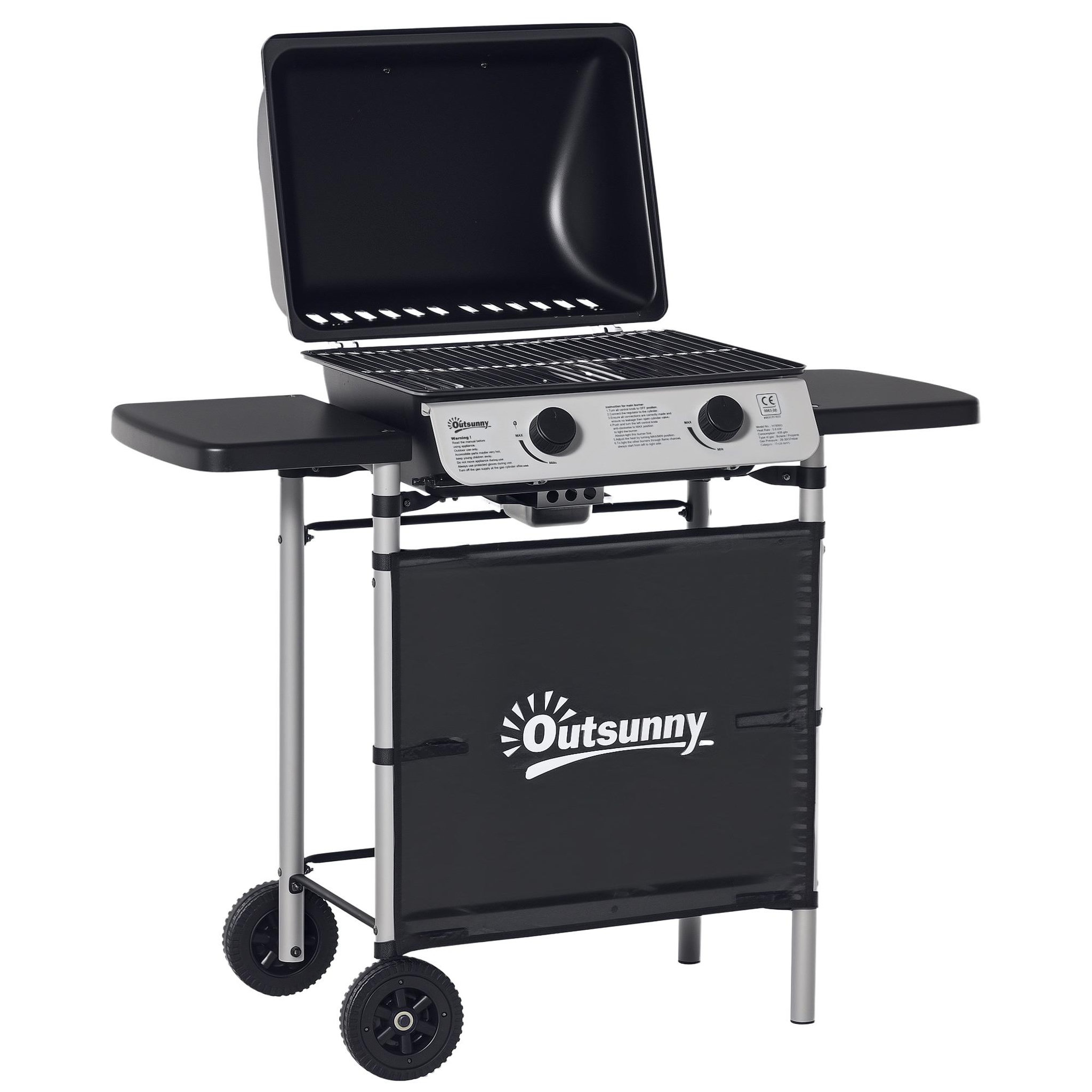 Voir la diapositive 4 : OUTSUNNY Barbecue gaz 2 brûleurs 2,8kW avec couvercle - grille, récupérateur graisse, 2 tablettes latérales, 2 roues - gris noir