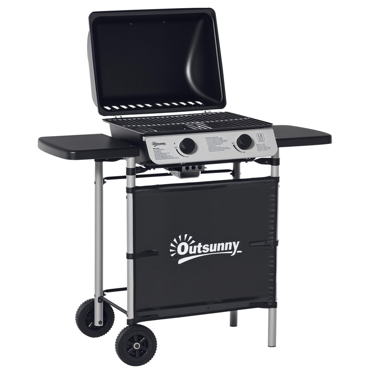OUTSUNNY Barbecue gaz 2 brûleurs 2,8kW avec couvercle - grille, récupérateur graisse, 2 tablettes latérales, 2 roues - gris noir
