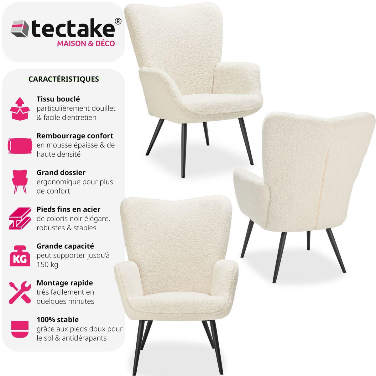 tectake Fauteuil rembourré Bouclé crème/noir