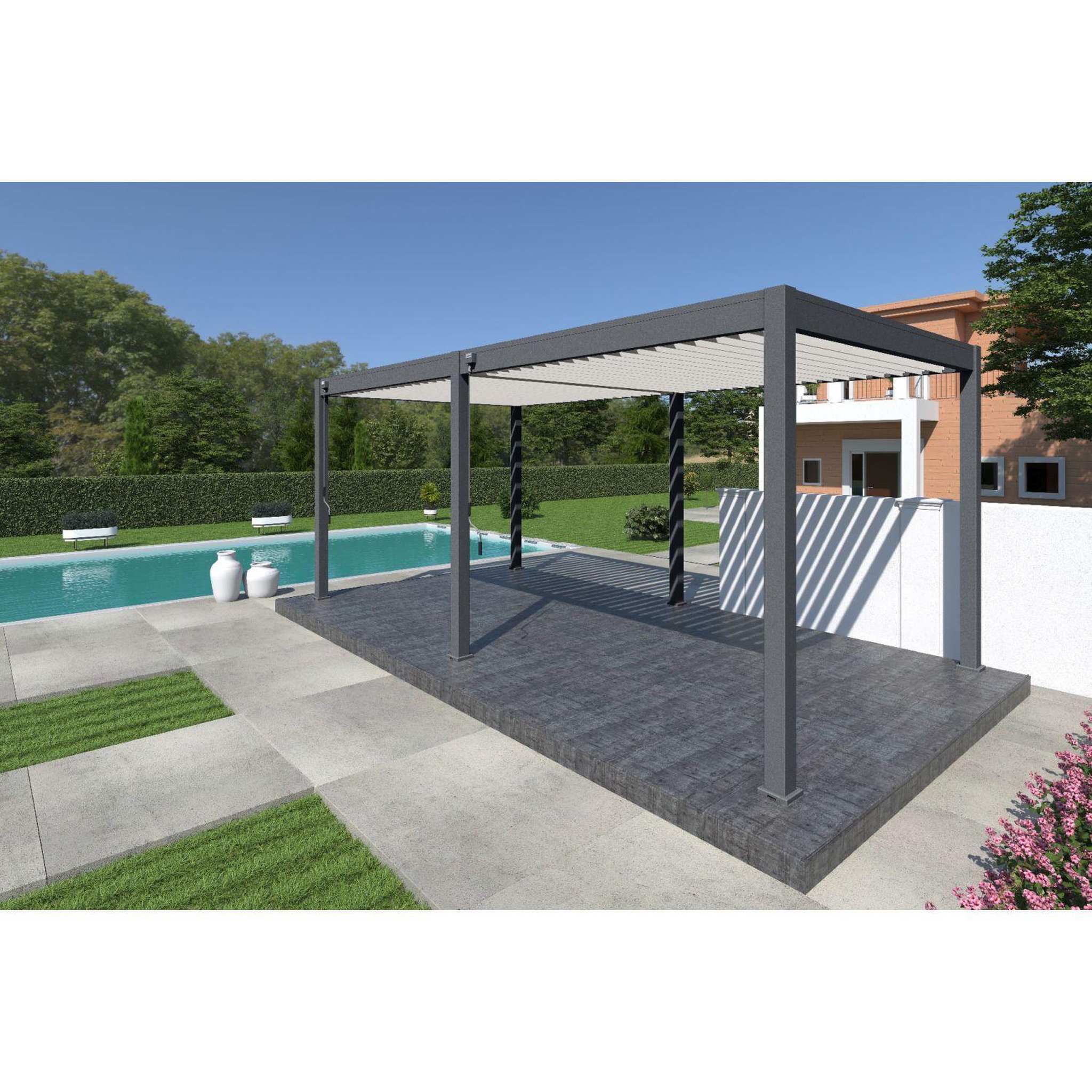 Voir la diapositive 1 : Pergola Bioclimatique autoportée 3x6 m - Aluminium Anthracite/blanc -  VS OmBREA®