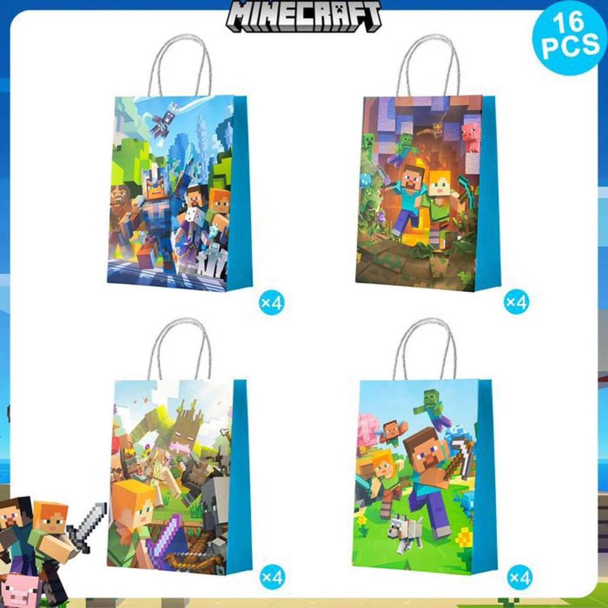 Voir la diapositive 2 : Coffret de 16 sacs cadeaux Minecraft en papier multicolore (4 modèles)
