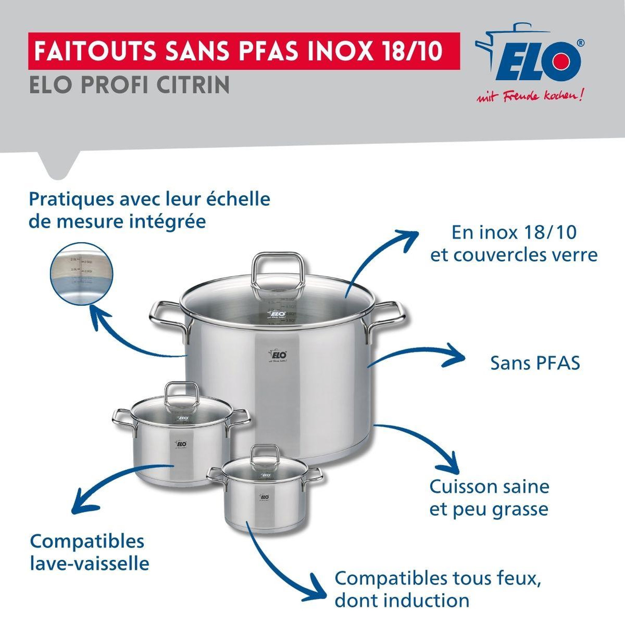 Voir la diapositive 3 : ELO Set de 2 poêles de cuisson 24 et 28 cm et 3 faitouts 12, 14 et 26 cm elo profi citrin