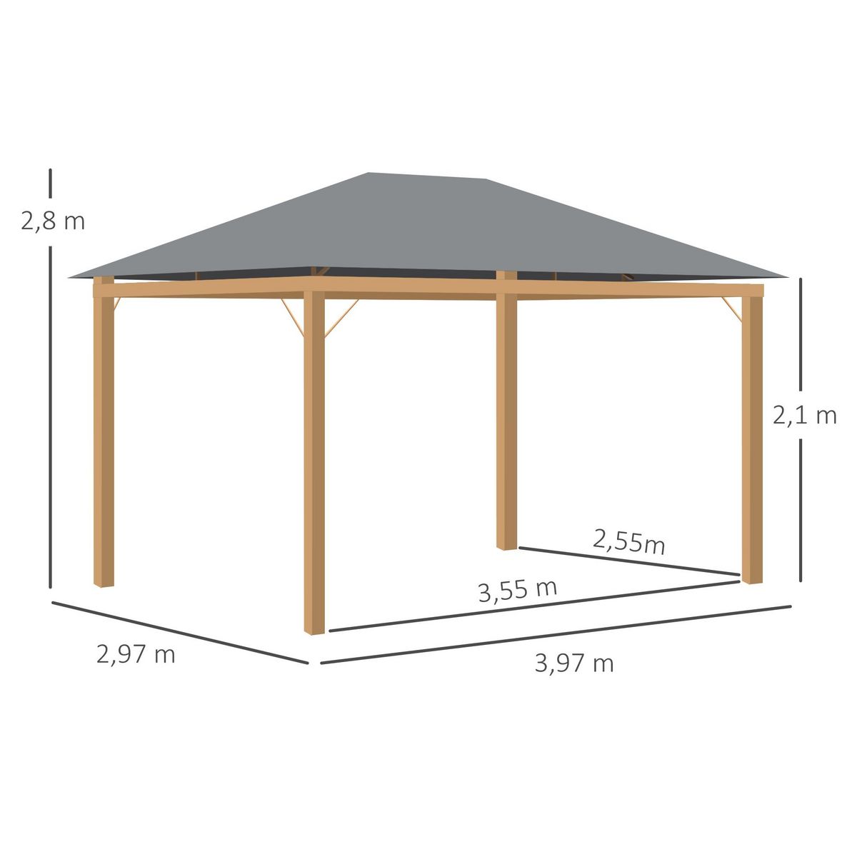 OUTSUNNY Pavillon de jardin style contemporain - barnum avec rideaux - dim. 3,97L x 2,97l x 2,8H m - alu. aspect bois polyester gris