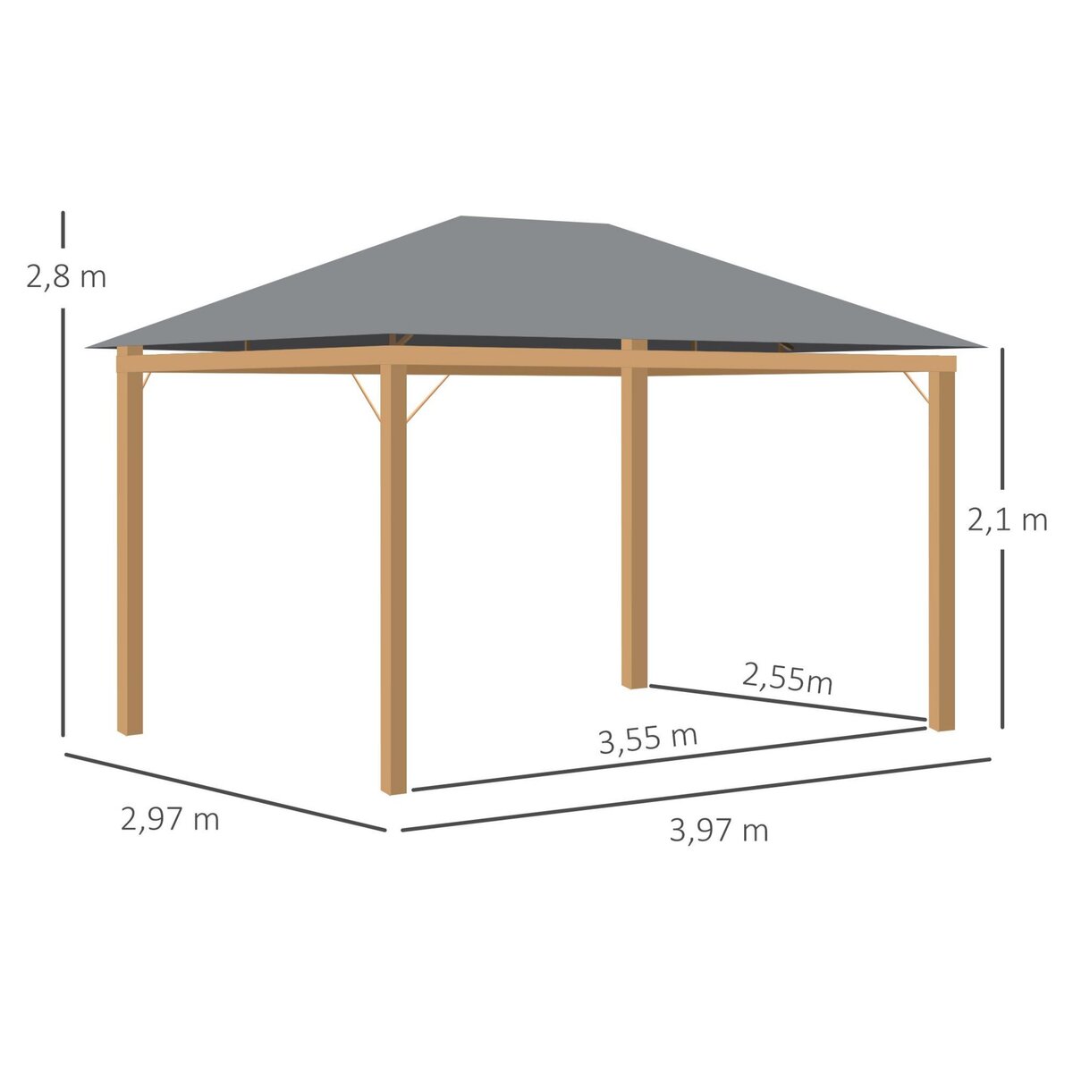 OUTSUNNY Pavillon de jardin style contemporain - barnum avec rideaux - dim. 3,97L x 2,97l x 2,8H m - alu. aspect bois polyester gris