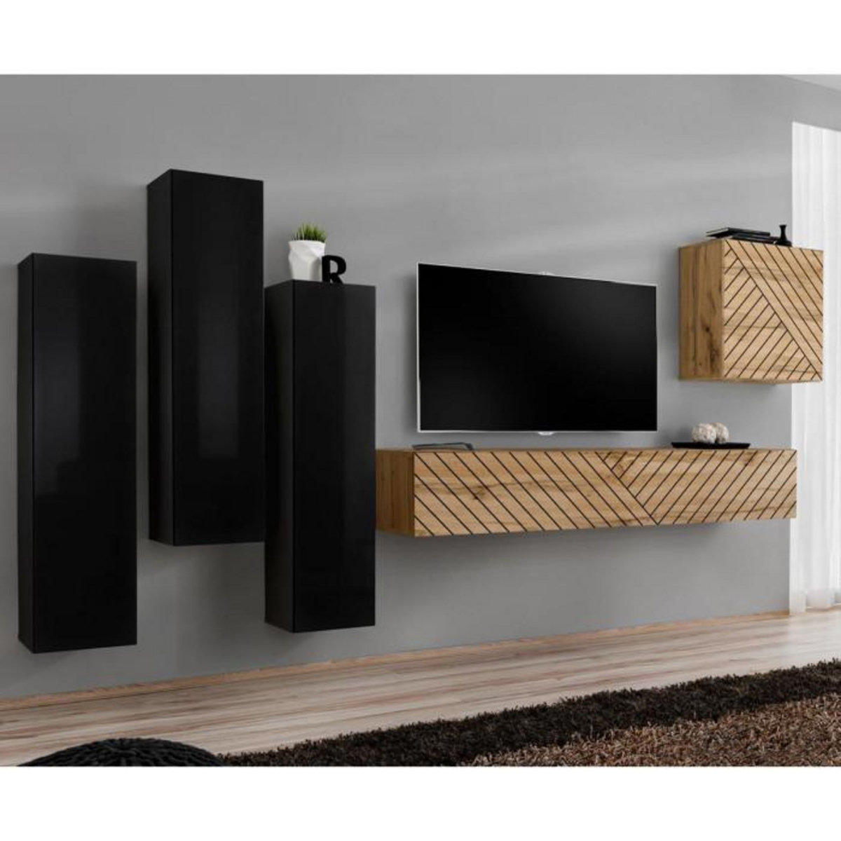 Paris Prix Ensemble Meuble TV  Switch Lamel III  330cm Naturel & Noir