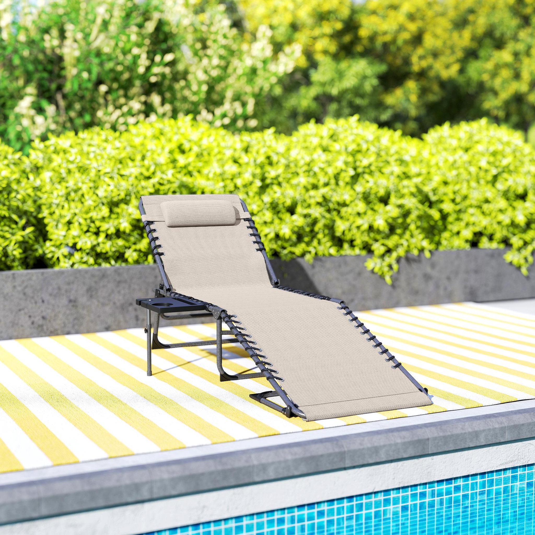 Voir la diapositive 4 : OUTSUNNY Bain de soleil transat pliable inclinable avec poignée, plateau et pochette rangement acier oxford crème