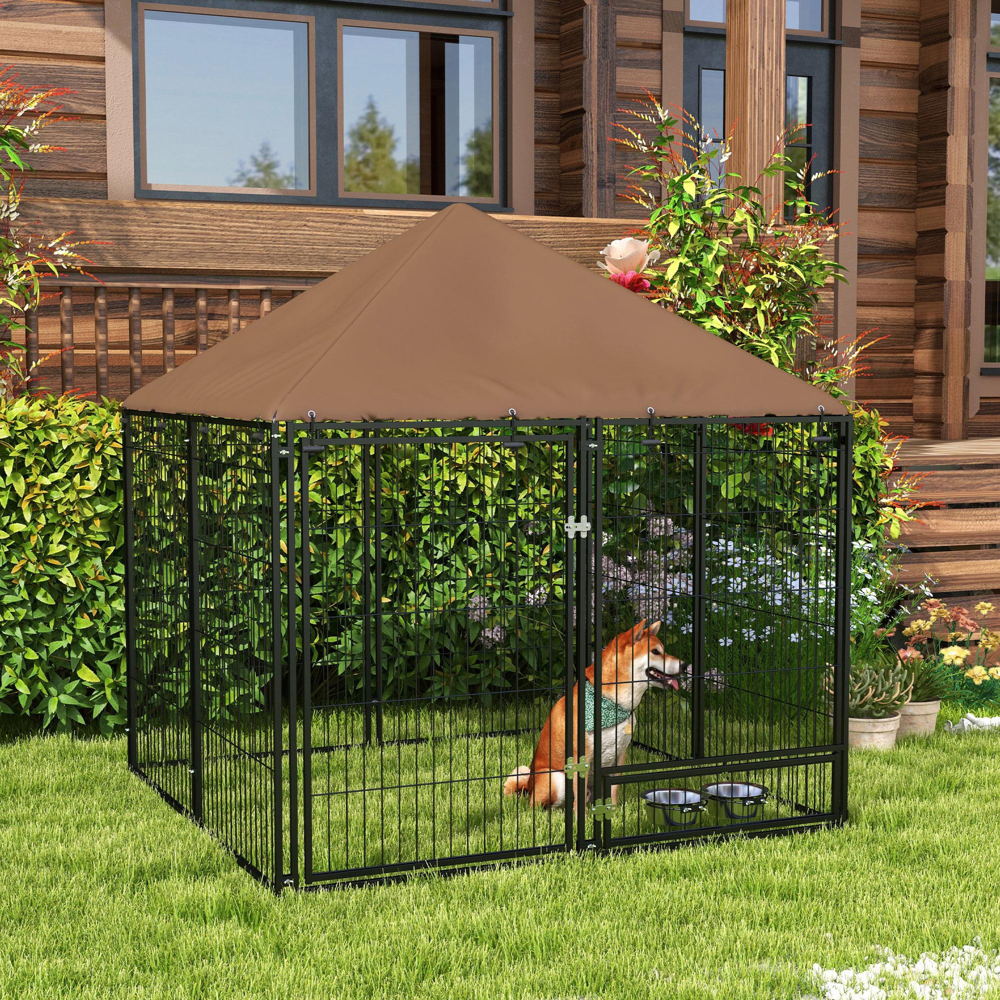 Voir la diapositive 2 : PAWHUT Chenil extérieur pour chiens en métal et tissu oxford avec support gamelle et toit résistant aux intempéries espace spacieux 141l x 141l x 151h cm noir