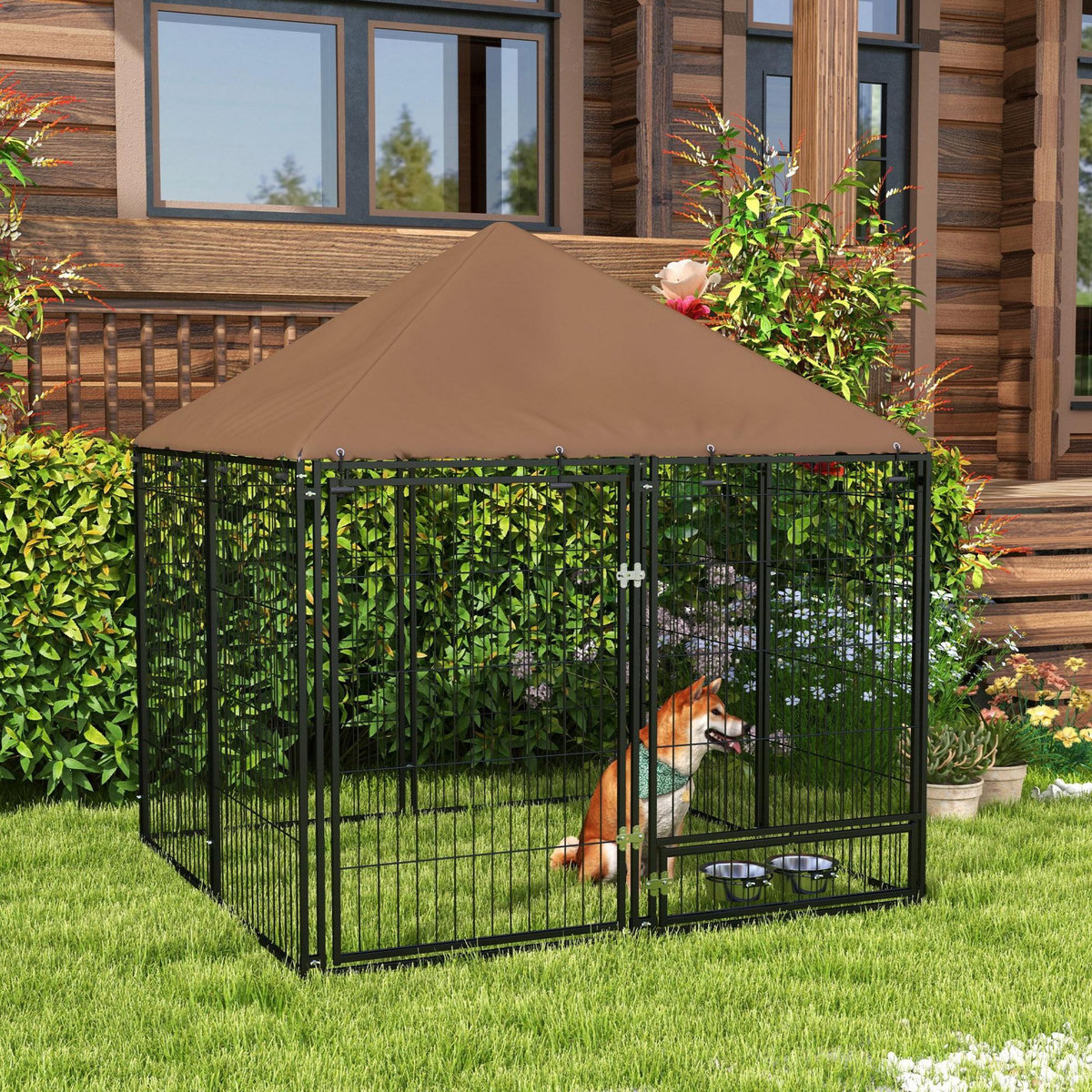 PAWHUT Chenil extérieur pour chiens en métal et tissu oxford avec support gamelle et toit résistant aux intempéries espace spacieux 141L x 141l x 151H cm noir