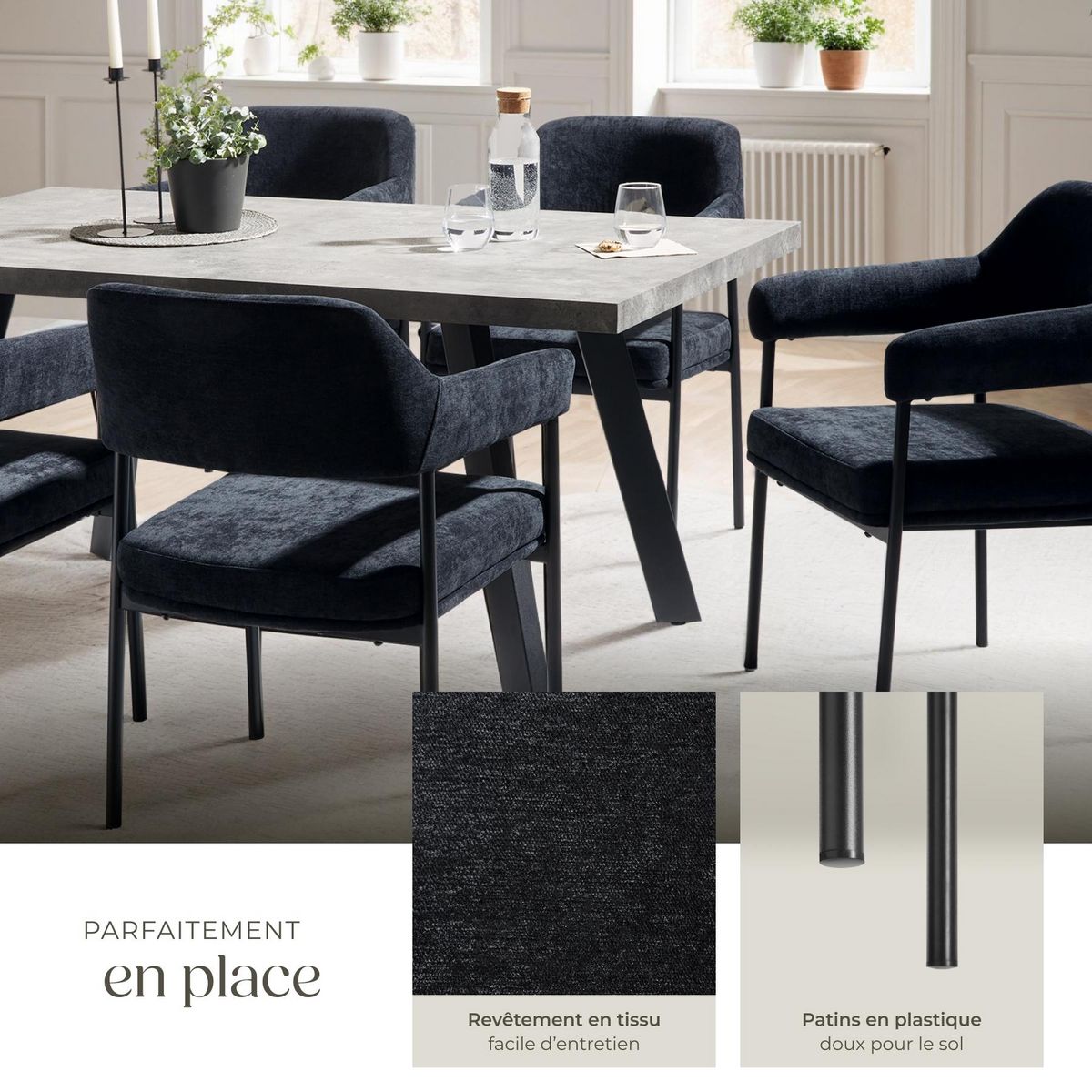 tectake Fauteuil rembourré Tissu noir/noir Lot de 2