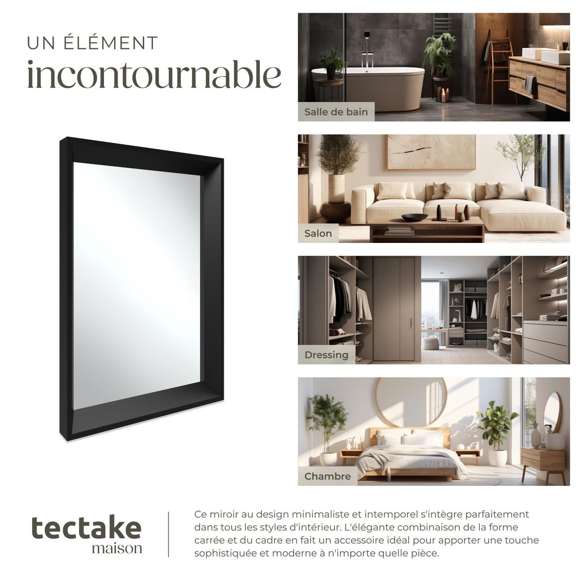tectake Miroir mural rectangulaire 40 x 3,8 x 60 cm noir