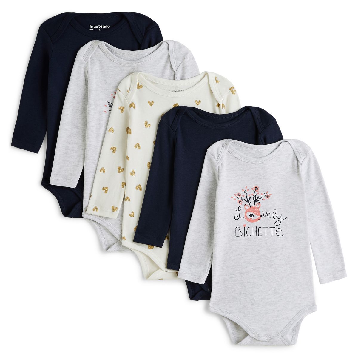INEXTENSO Lot de 5 bodies manches longues biche fille
